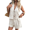 CYL-Women's 2 Piece Outfits Linen Pants Jumpsuit Matching Lounge Set Casual Summer Beach Clothes