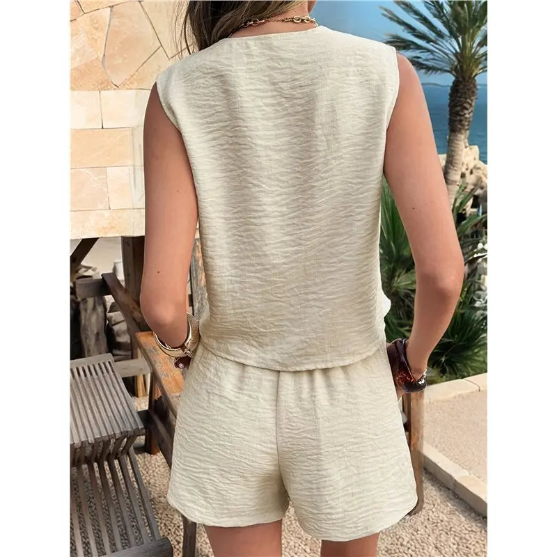 CYL-Women's 2 Piece Outfits Linen Pants Jumpsuit Matching Lounge Set Casual Summer Beach Clothes