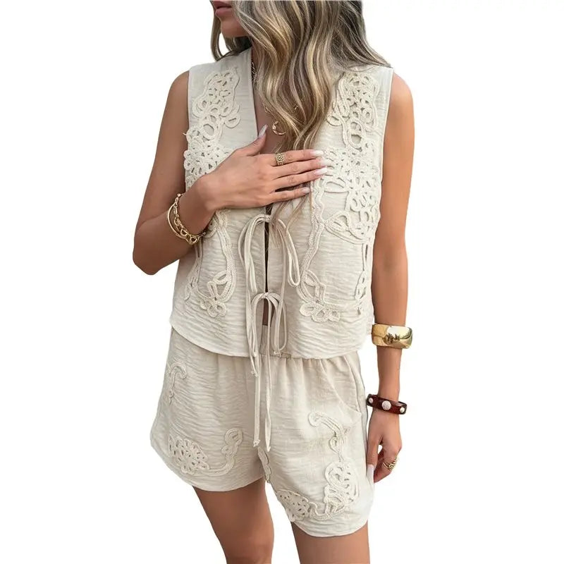 CYL-Women's 2 Piece Outfits Linen Pants Jumpsuit Matching Lounge Set Casual Summer Beach Clothes