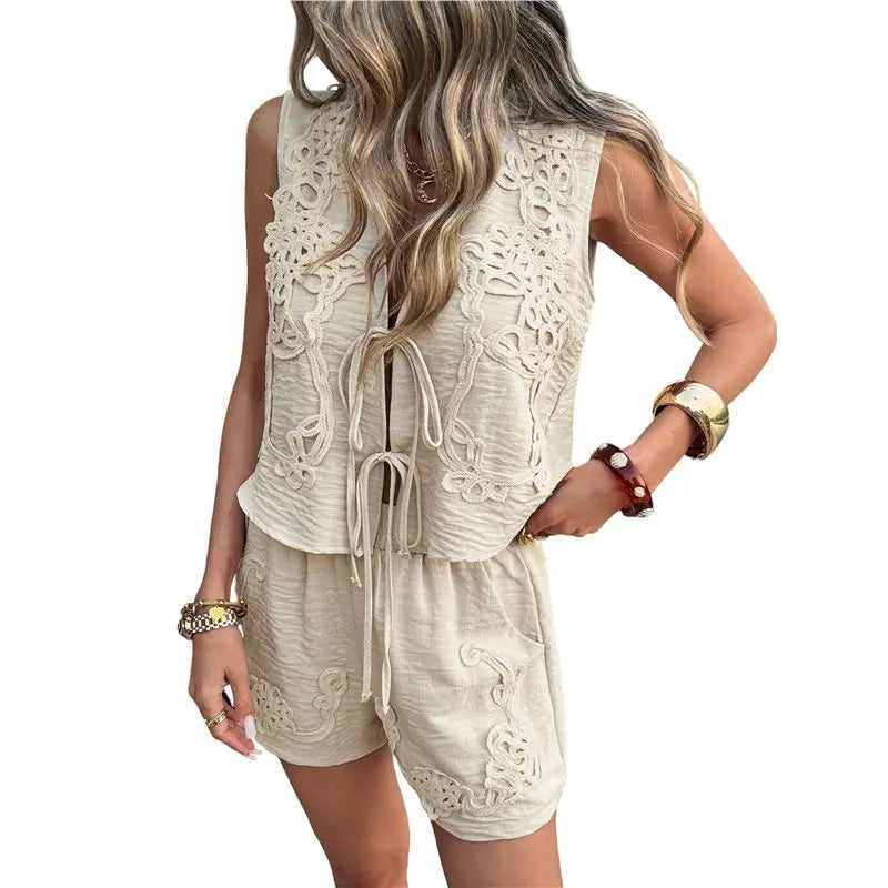 CYL-Women's 2 Piece Outfits Linen Pants Jumpsuit Matching Lounge Set Casual Summer Beach Clothes