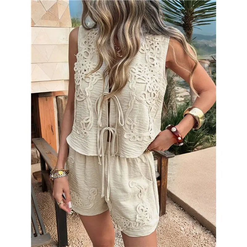 CYL-Women's 2 Piece Outfits Linen Pants Jumpsuit Matching Lounge Set Casual Summer Beach Clothes